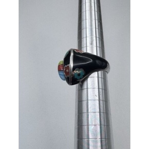 Vintage Millefiori Murano Glass & Enamel Toi Et Moi Sterling Silver Ring Size 8 - Picture 9 of 9